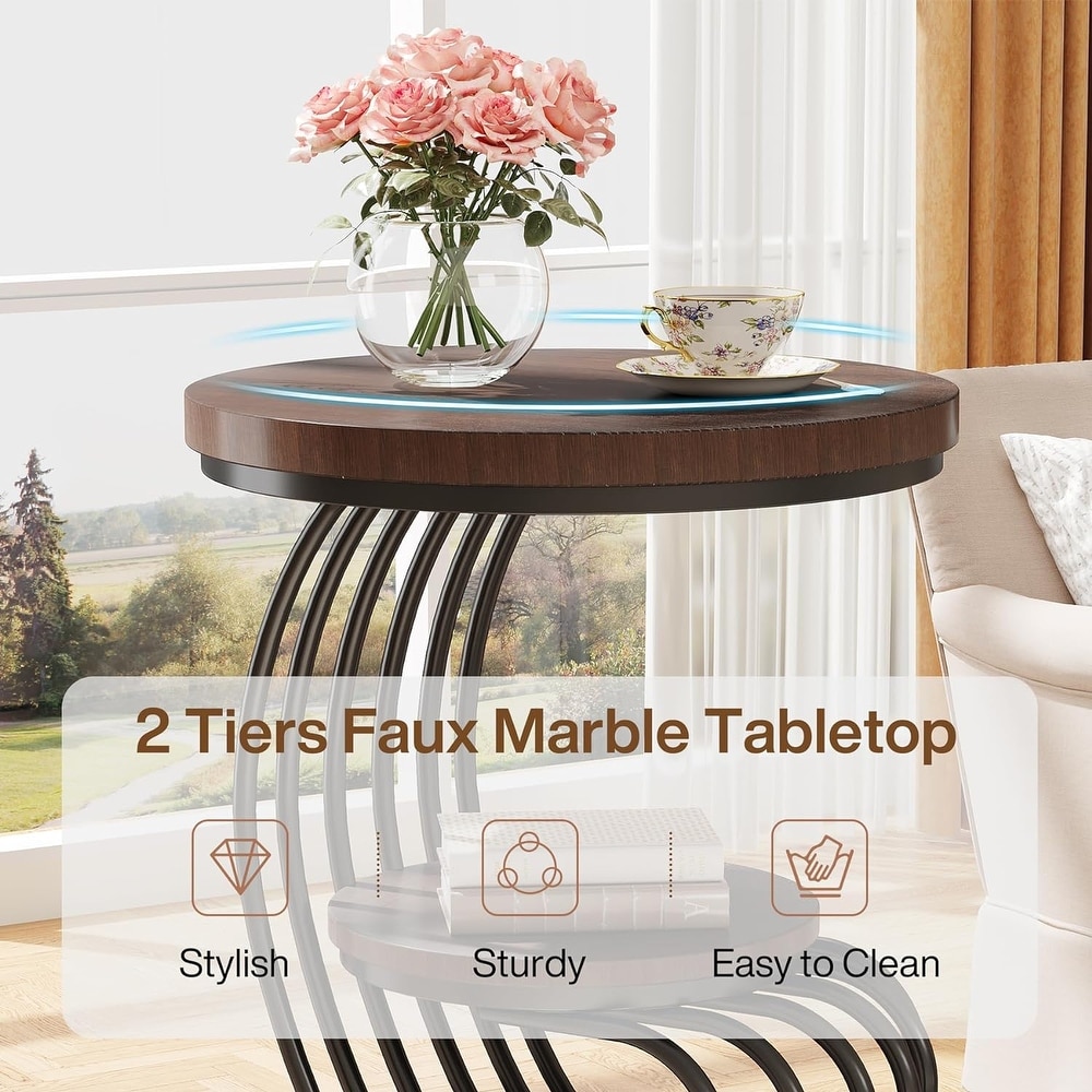 2 Tiers Round End Table  Side Table with Storage Shelf for Living Room