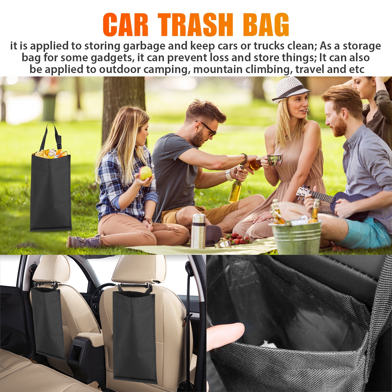 2pcs Car Trash Bags， TSV Car Garbage Can Hanging Back Seat， Washable Eco-Friendly Vehicle Garbage Bag Storage Pockets