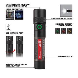 MW 1100 Lumens LED USB Rechargeable Twist Focus Flashlight with Men's Black Fleece Lined Knit Hat 2161-21-502B