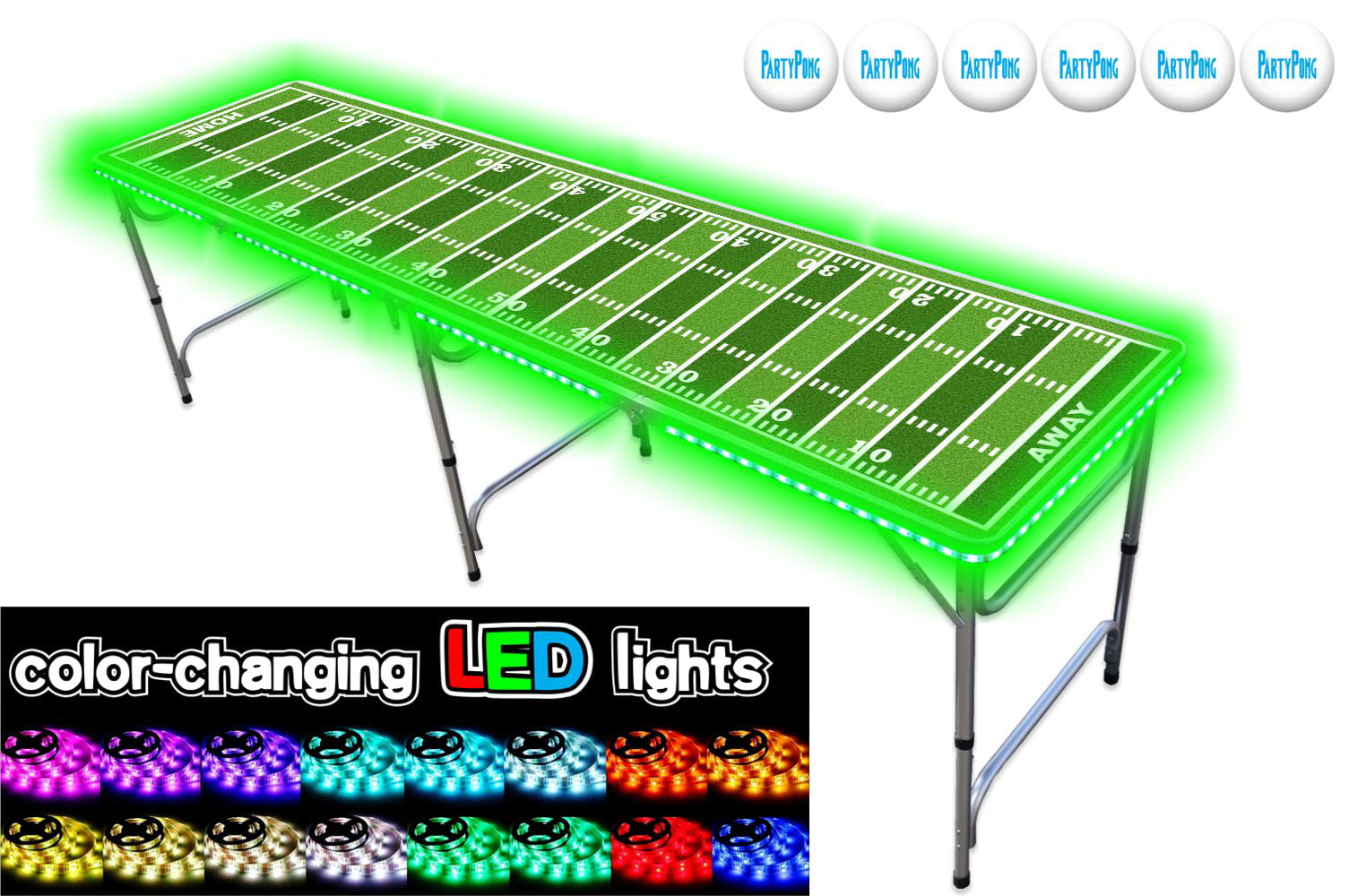 8-Foot Professional Beer Pong Table With LED Glow Lights - Football Field Edition