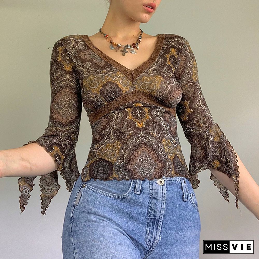 Autumn Lace Floral Mesh Tops Women Vintage Half Flare Sleeve V Neck T-Shirts Female Elegant Slim Brown Tee Shirts Mujer