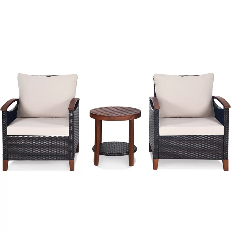 3 Pieces Patio Rattan Furniture Set with Washable Cushion and Acacia Wood Tabletop