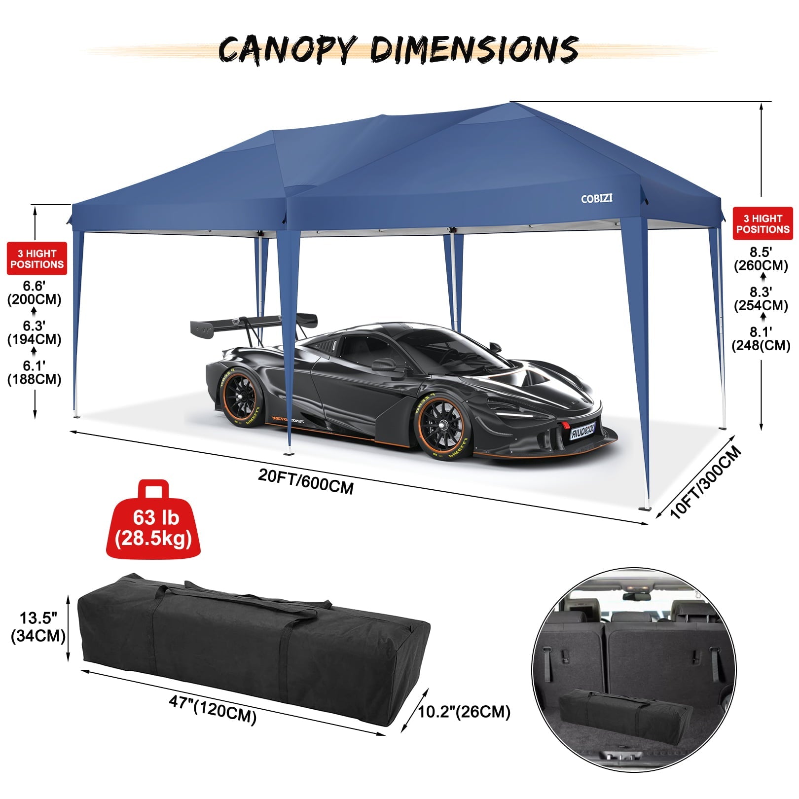 10' x 20' Canopy Tent EZ Pop Up Party Tent Portable Instant Commercial Heavy Duty Outdoor Market Shelter Gazebo with 6 Removable Sidewalls and Carry Bag, Blue