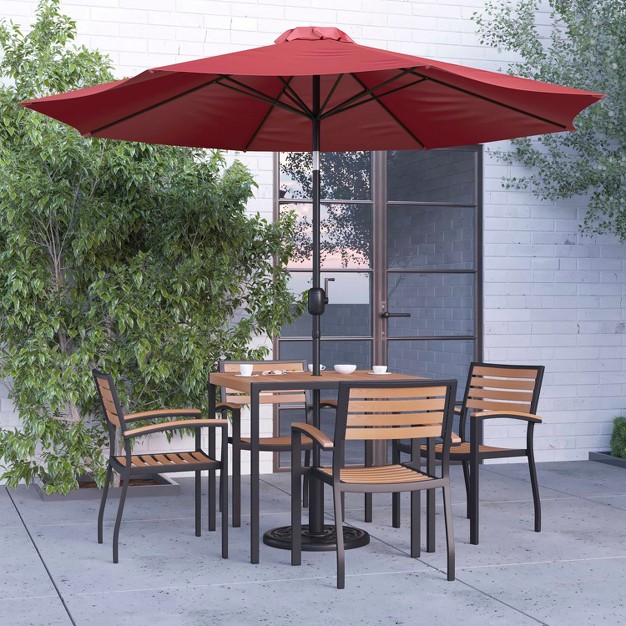 Merrick Lane Seven Piece Faux Teak Patio Dining Set Includes Table Four Club Chairs 9 x27 Patio Umbrella And Base