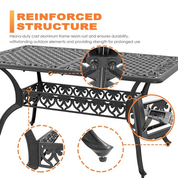 Outdoor Rectangle Cast Aluminum Dining Table with 2.1'' Umbrella Hole