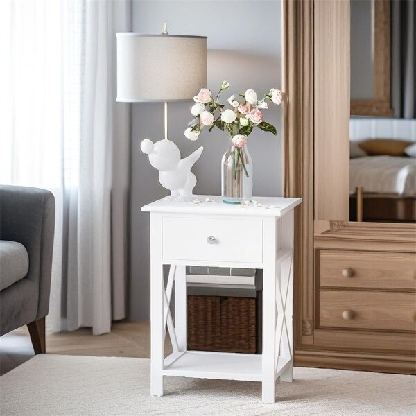 Side Table，Farmhouse End Table w/Storage Drawer，Open Shelf and Xframe