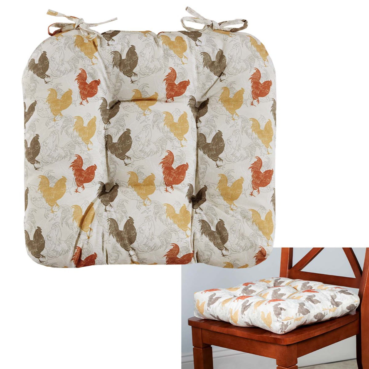 Aubrie Home Accents Rooster Sunday 2-Pack Kitchen Dining Chair Pad Reversible Seat Cushion for Indoor Use with Ties Rustic Country Farmhouse， Brown Tan Yellow