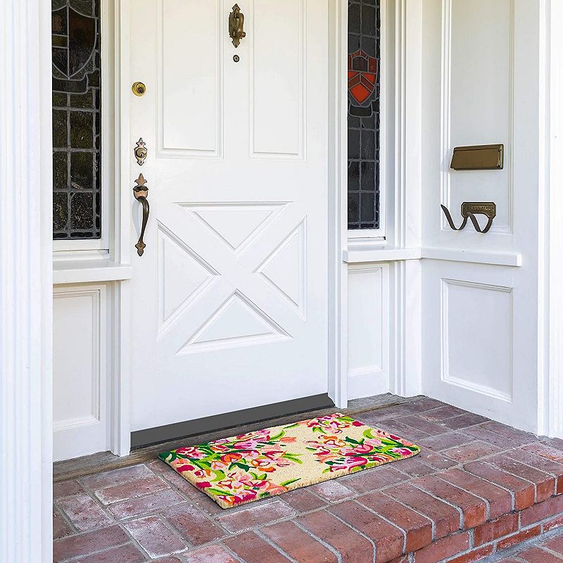 Floral Natural Coir Nonslip Welcome Door Mat (Pink， Orange， Green， 17 x 30 in)