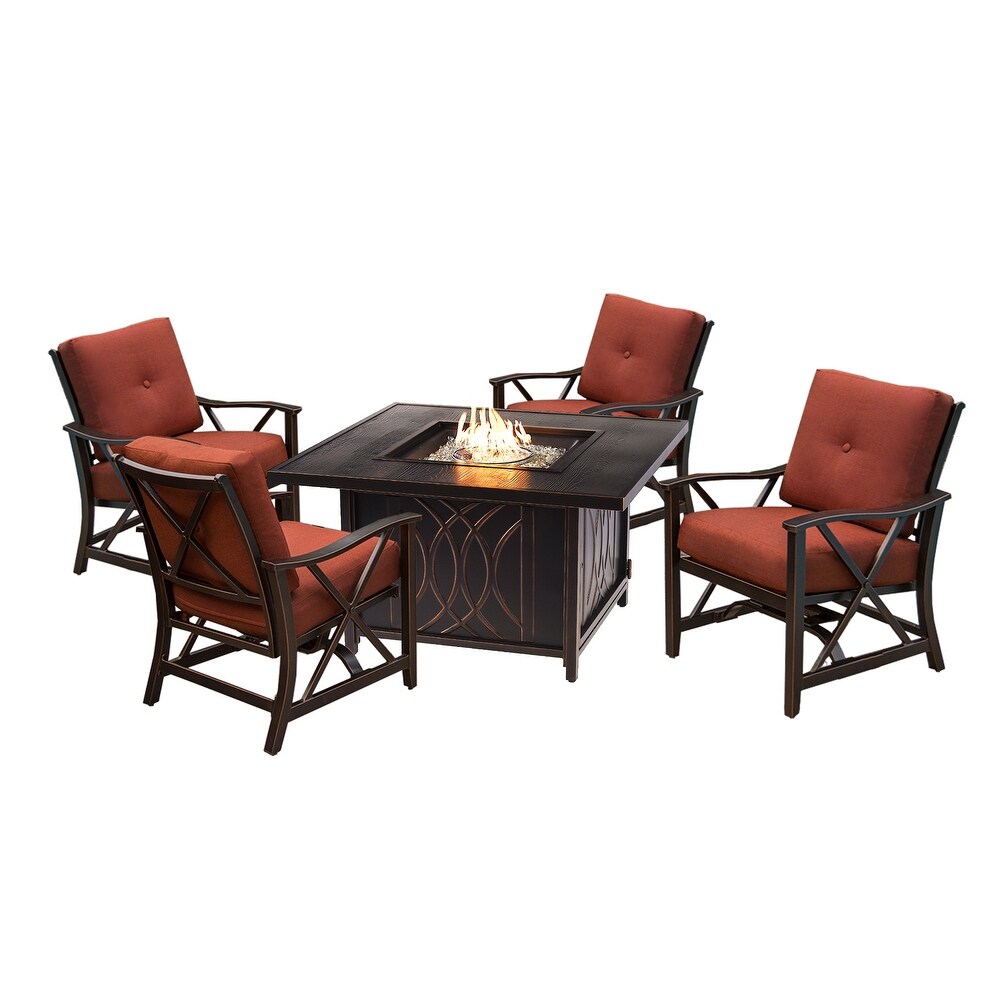 Aluminum 42 in Square Antique Copper Fire Table Set with Four Deep Seating Rocking Chairs with Accessories   N/A