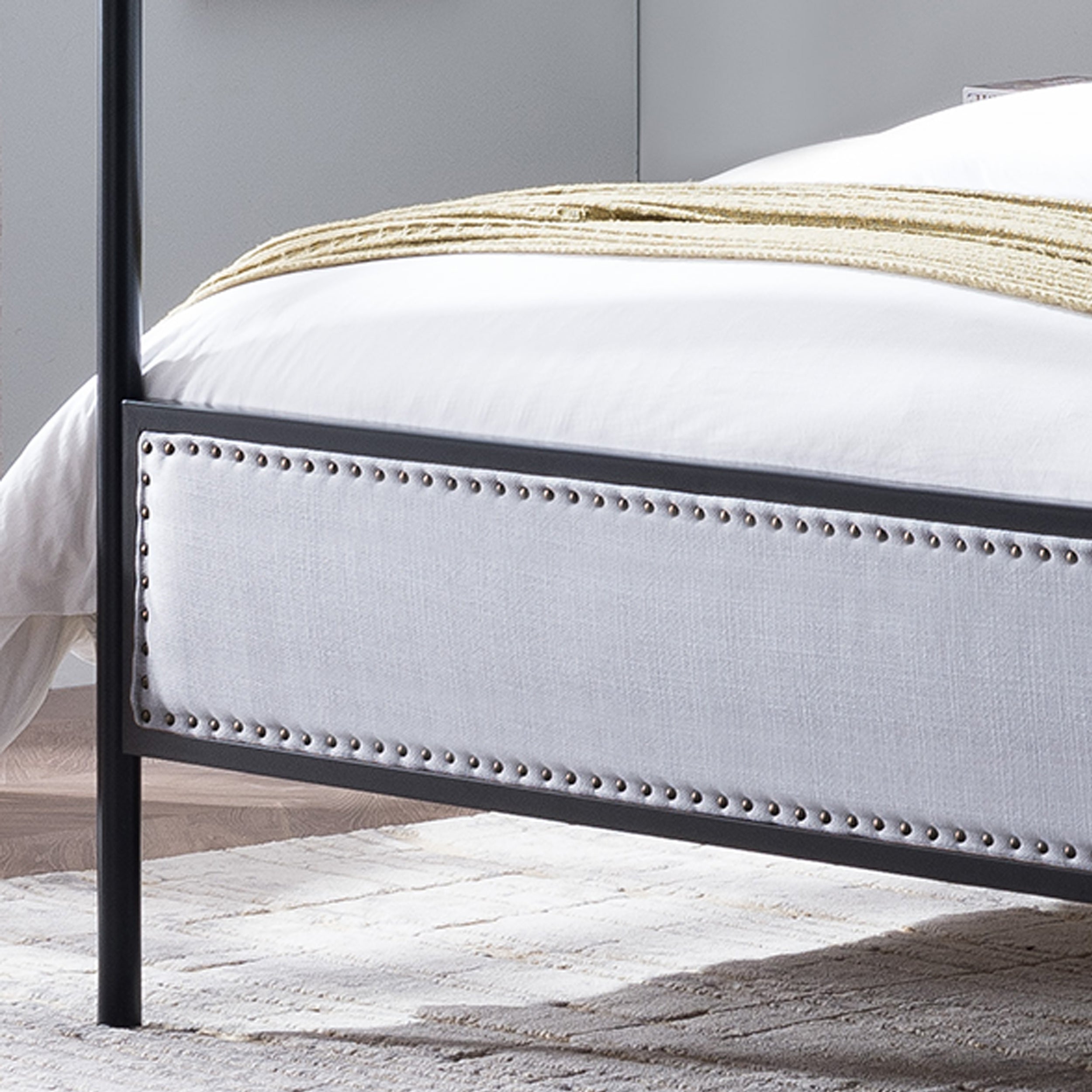 Asa Queen Size Iron Canopy Bed Frame with Upholstered Studded Headboard