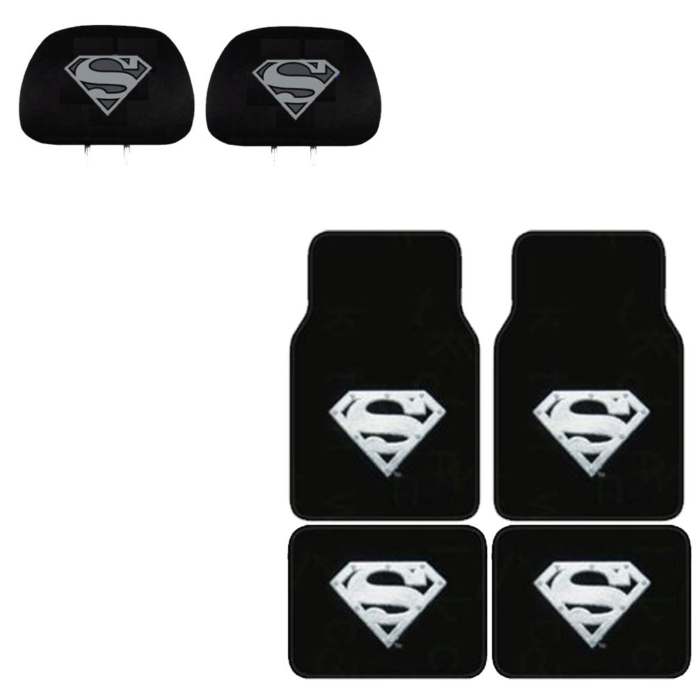 Superman Silver Shield Logo 4 Pc Carpet Floor Mats And 2 Head Rest