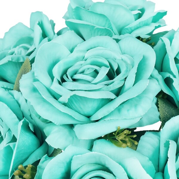 Set of 2 Deluxe Tiffany Blue Artificial Elegant Rose Flower Stem Bush Bouquet 17in