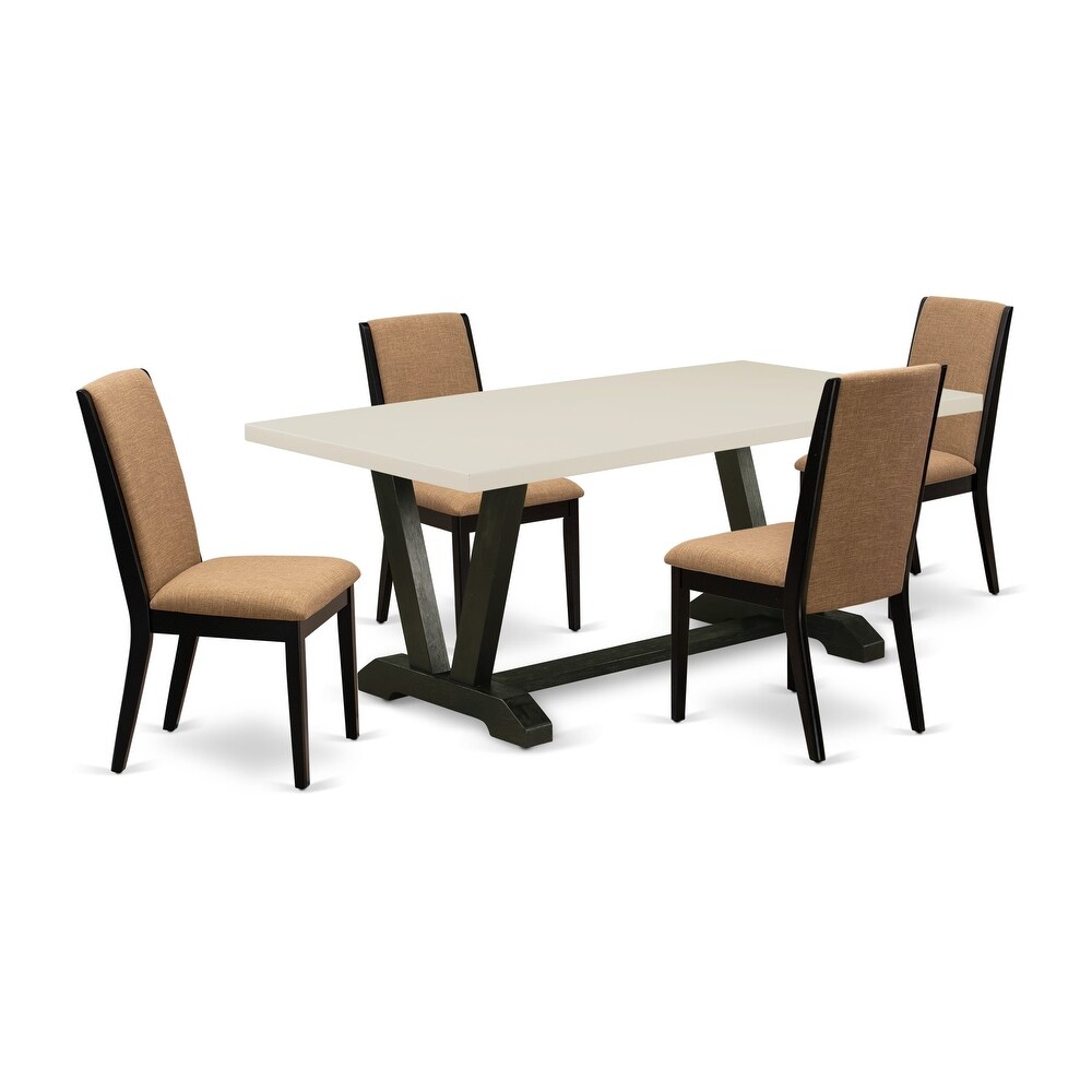 East West Furniture Dining Table Set  a Dining Room Table and Light Sable Linen Fabric Parsons Chairs  Black(Pieces Options)