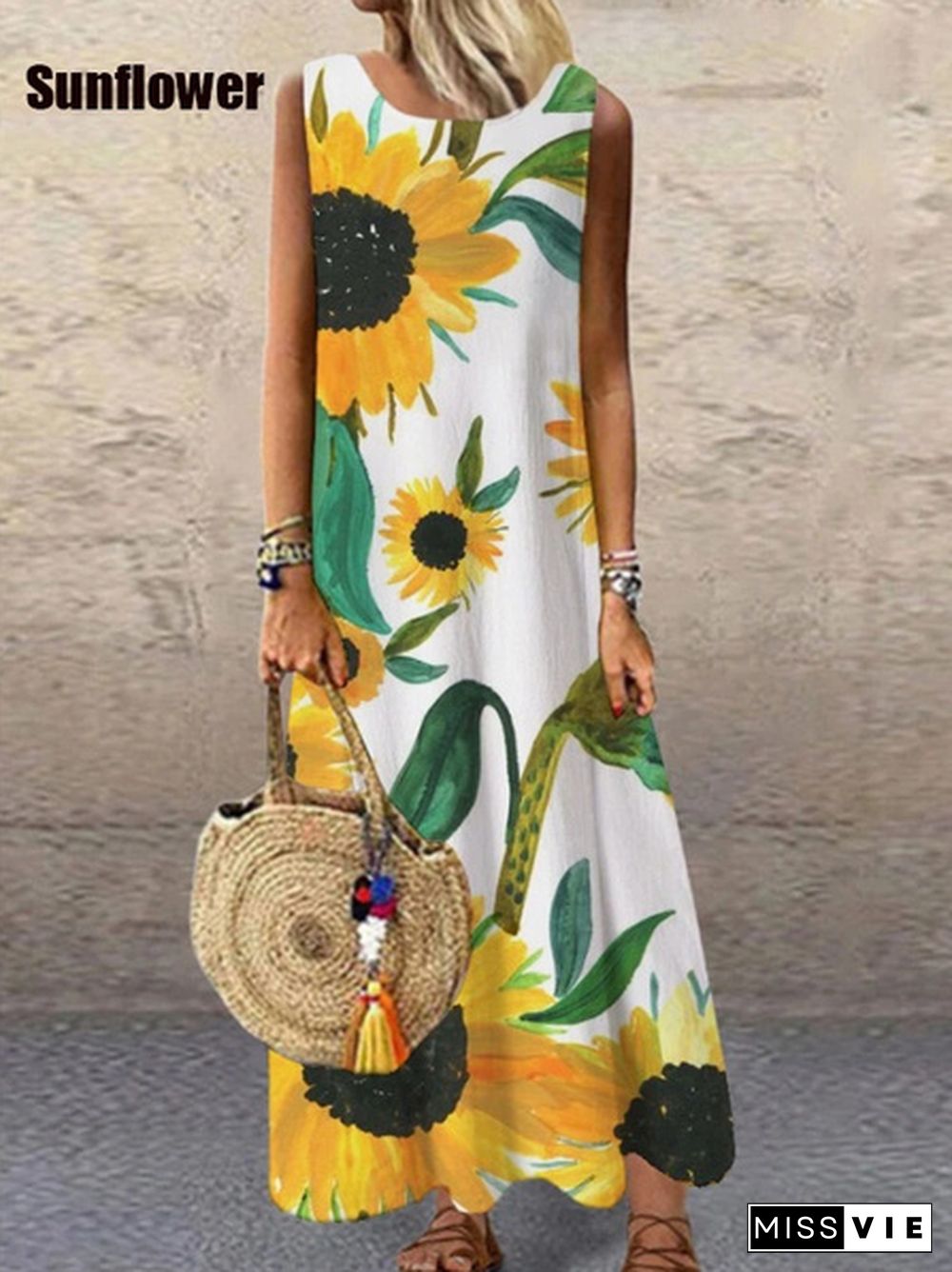 New Fashion Women's Elegant Sleeveless Flowers Print A-Line Dress Round Neck Casual Party Dresses Long Dress Plus Size