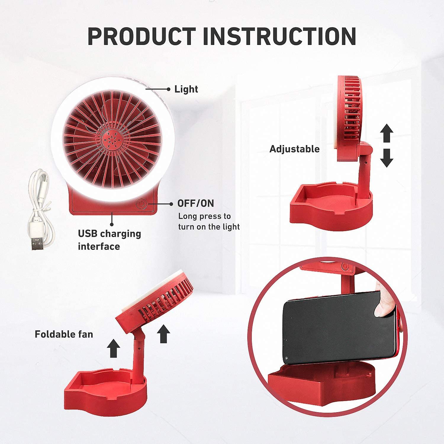 Usb Rechargeable Mini Desktop Fan With Fill Light (red)