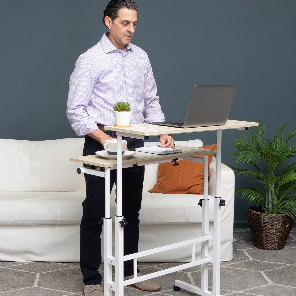 Mind Reader Woodland Collection  Mobile Sit/Stand Desk  Height Adjustable  Tiltable  Lockable Casters