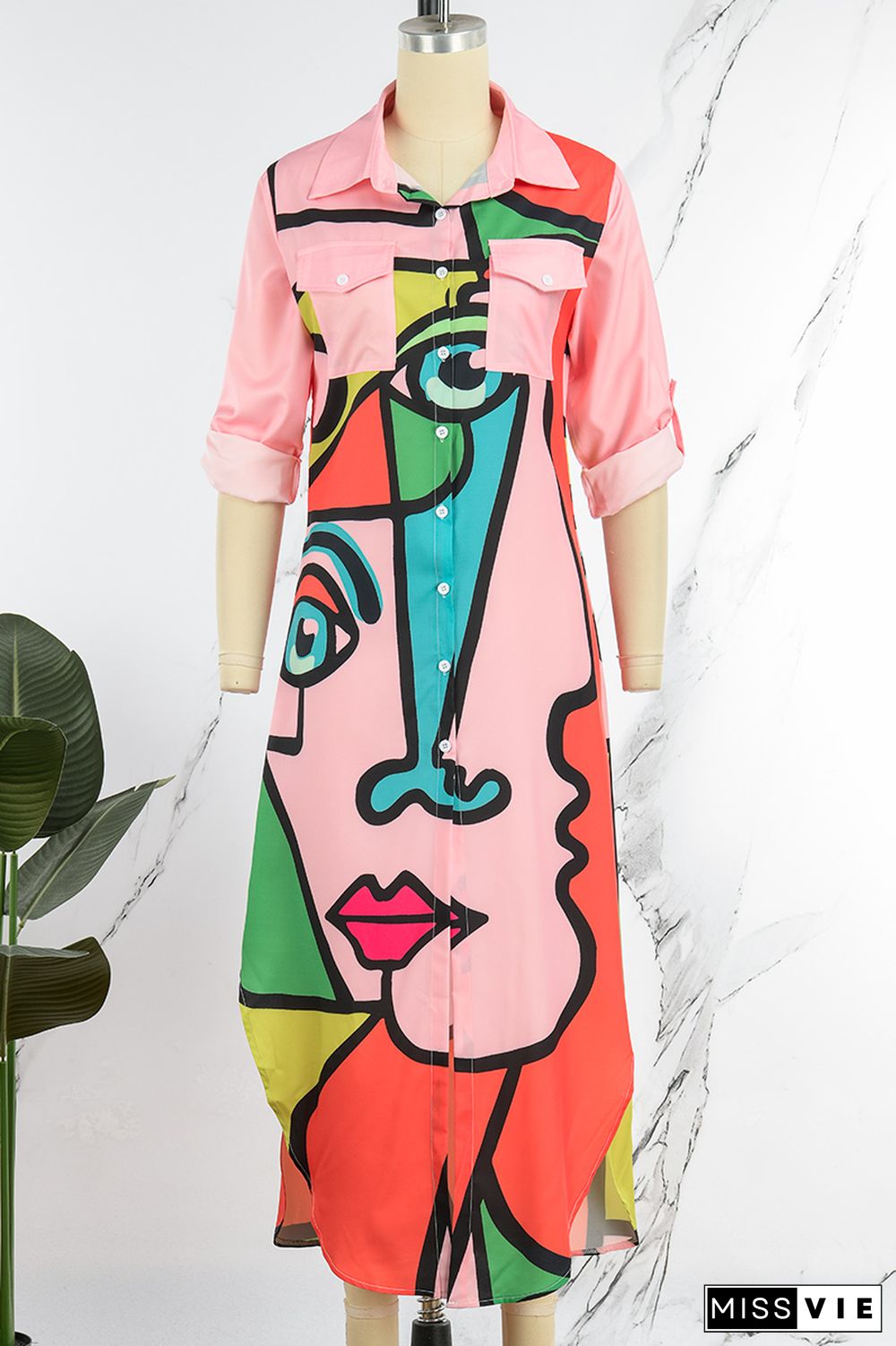 Pink Casual Street Print Patchwork Buckle Turndown Collar Shirt Dress Dresses