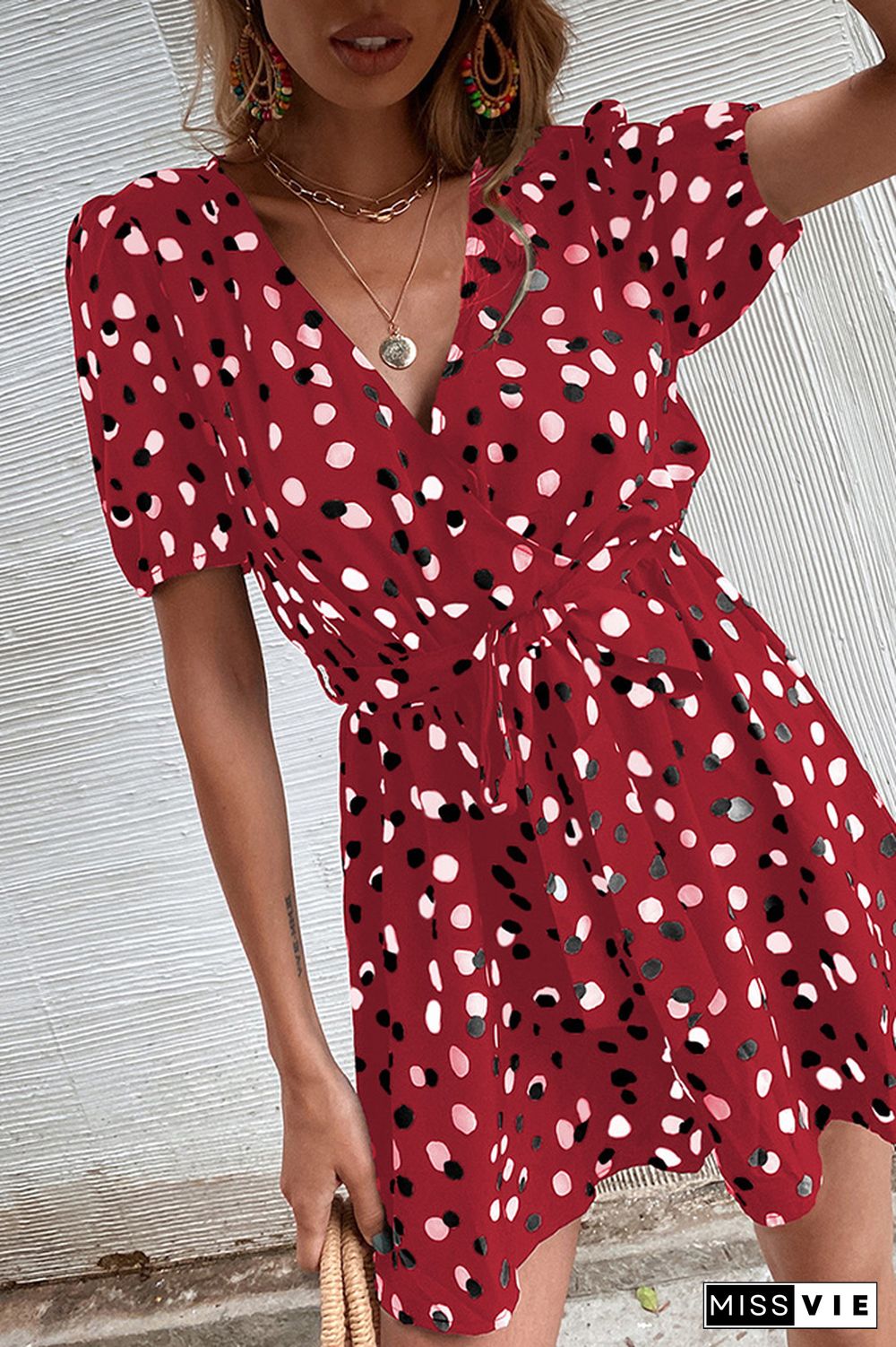 Wrap V Neck Spot Print Romper With Sash