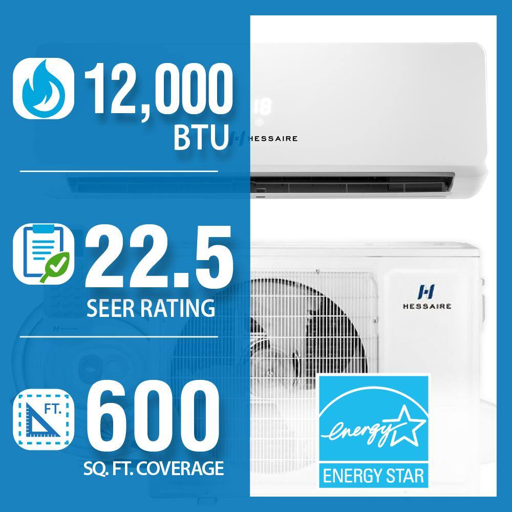 Hessaire DIY 22.5 SEER 12000 BTU Wi-Fi 1 Ton Ductless Mini Split Air Conditioner and Heat Pump Variable Speed Inverter - 115V H12E1