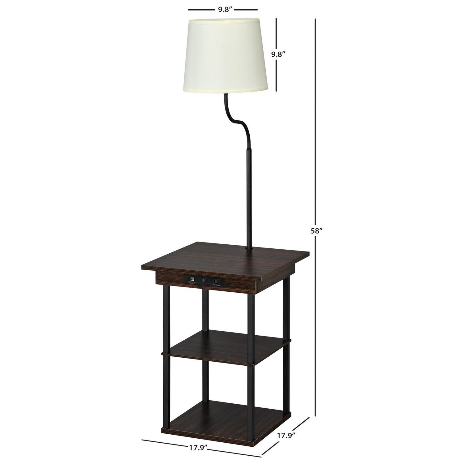 DPI DecorTech Square End Table with Lamp， AC Power and USB Charging Ports， Walnut