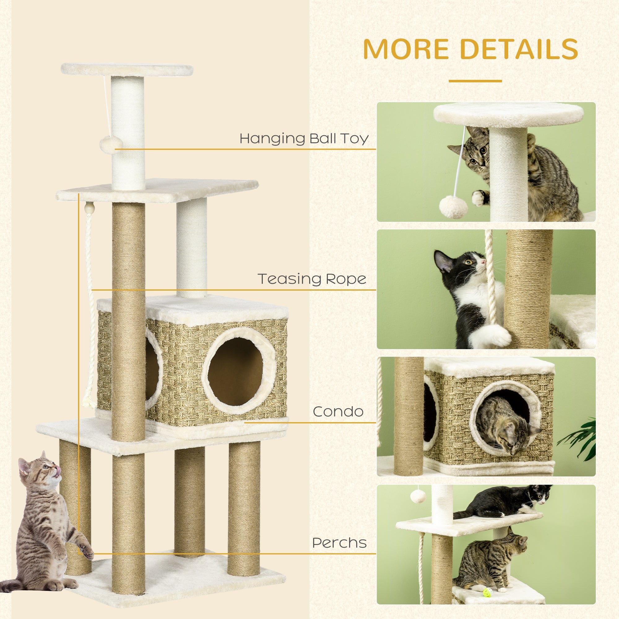 PawHut Modern Cat Tree with Scratching Posts and Rattan Cat House, Small Cat Tower for Indoor Cat Furniture, Beige