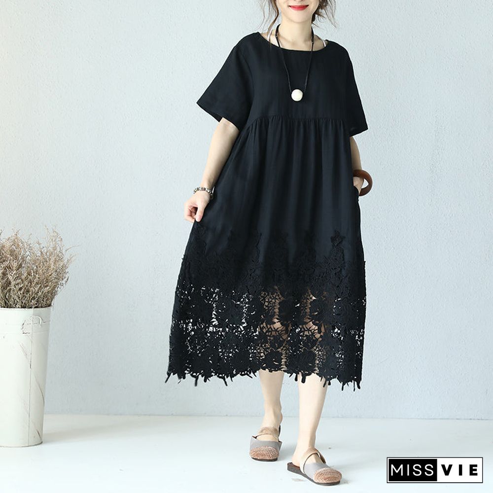 fine black linen dress Loose fitting O neck linen clothing dresses Elegant short sleeve baggy dresses