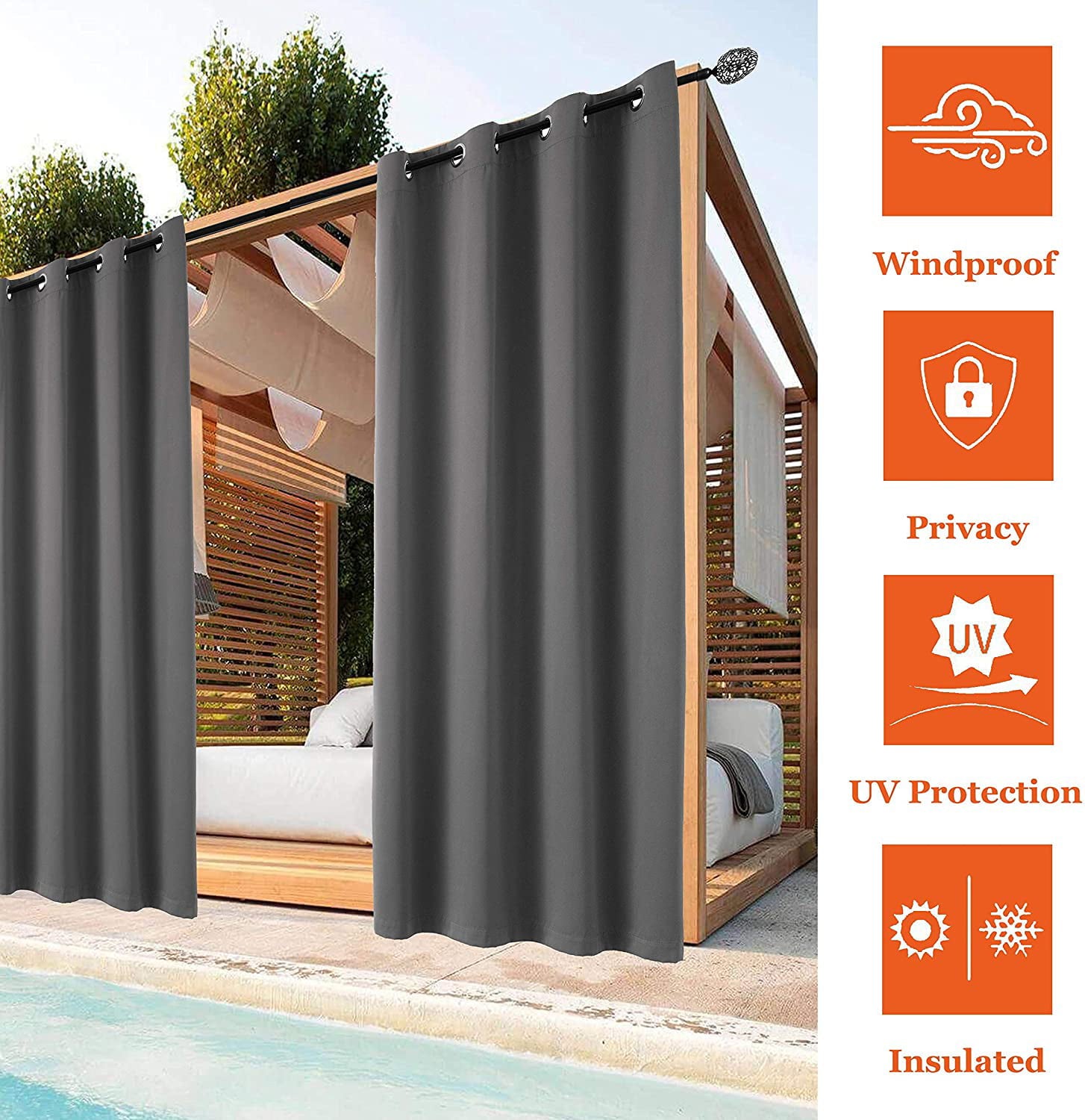 (2 Panel) Upgraded Outdoor Curtain Garden Patio Gazebo Sunscreen Blackout Curtains, Thermal Insulated White Curtains with Grommet | Waterproof& Windproof&UV-protection& Mildew Resistant,Grey 54*84in