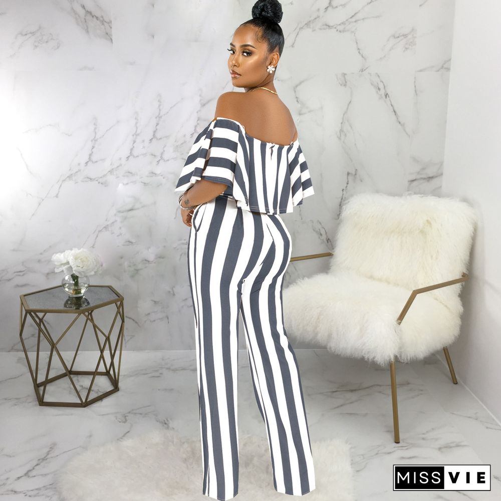 Striped Off Shoulder Wide Leg Jumpsuits