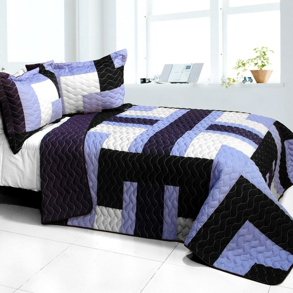 Purple Roadster 3PC Vermicelli   Quilted Patchwork Quilt Set (Full/Queen Size)