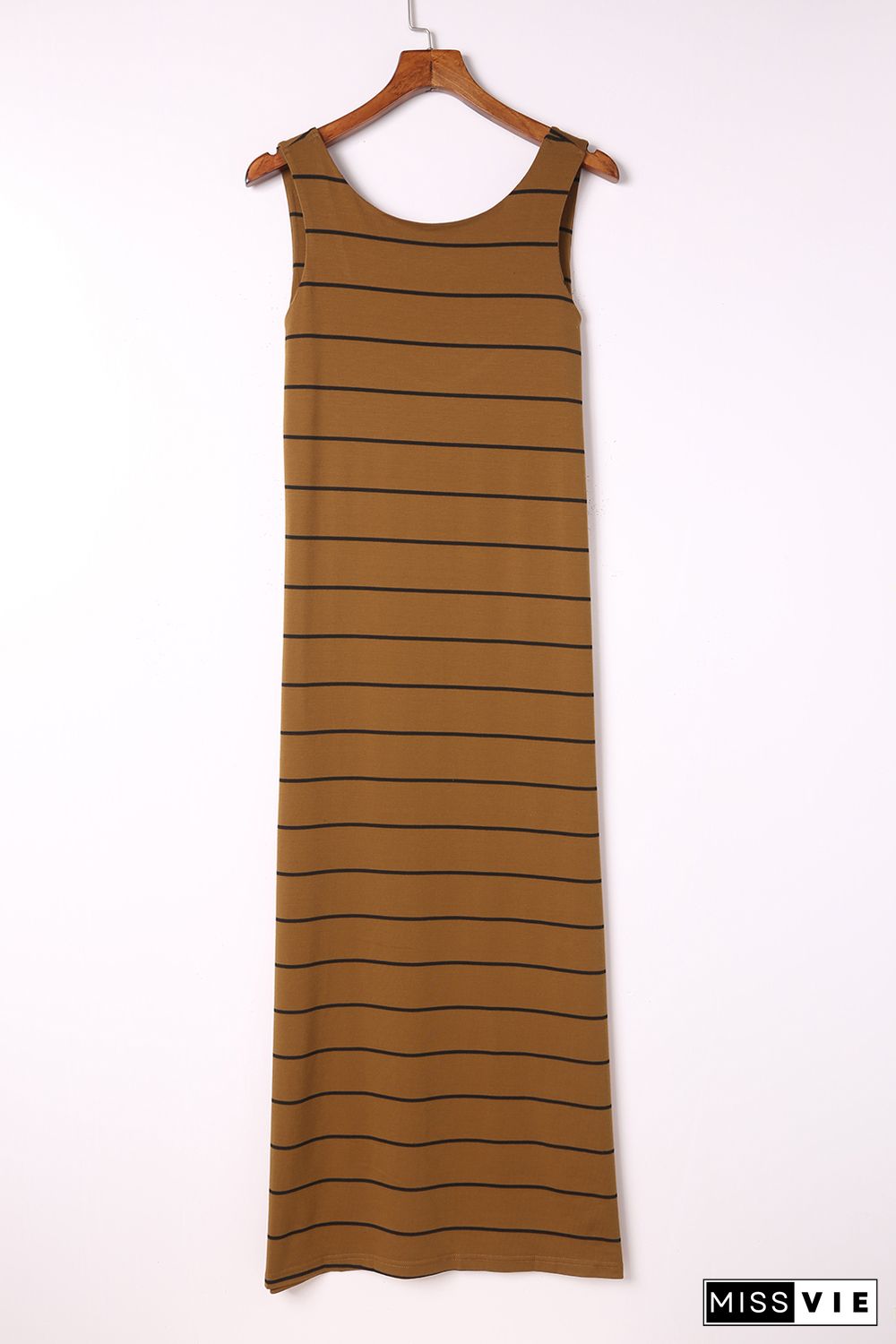 Brown Stripe Print Open Back Sleeveless Maxi Dress with Slits