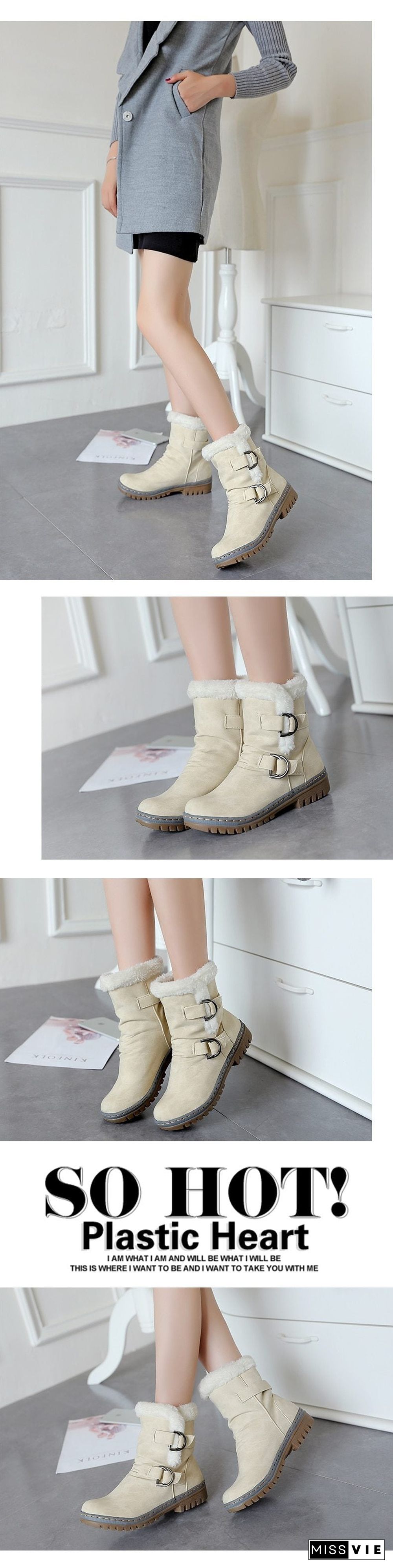 Women Leather Warm mid-calf Plush Fur Velvet Boots Booties Snow Shoes