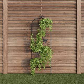 Black 46 in. Metal Trellis with Vine and Butterfly Design for Climbing Plants and Flowers 925689QSD