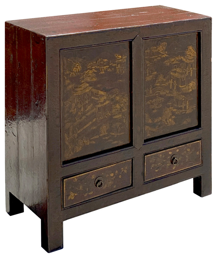 Distressed Brown Golden Nature Mountain Scenery Side Table Cabinet Hcs6140   Asian   Side Tables And End Tables   by Golden Lotus Antiques  Houzz