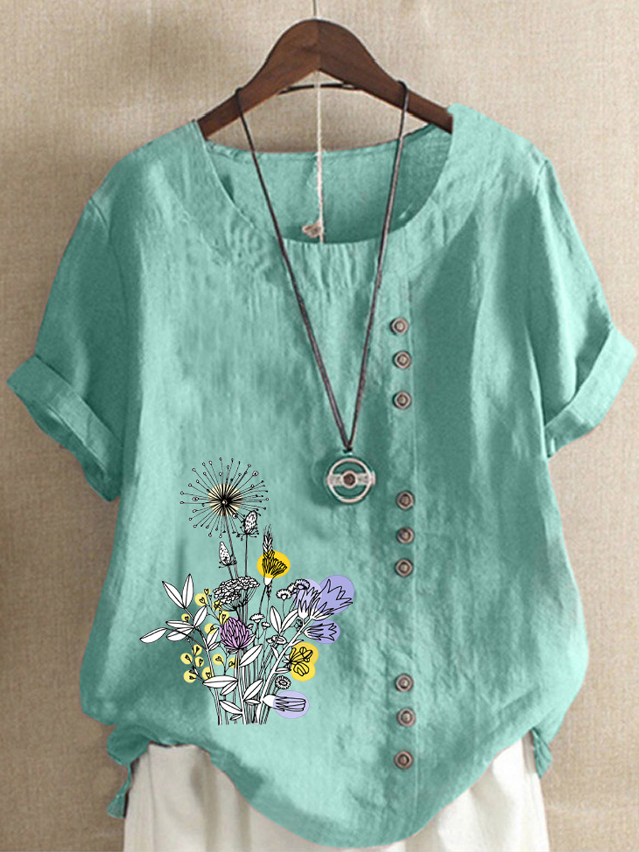 Casual Floral Print Crew Neck Short Sleeve Blouse