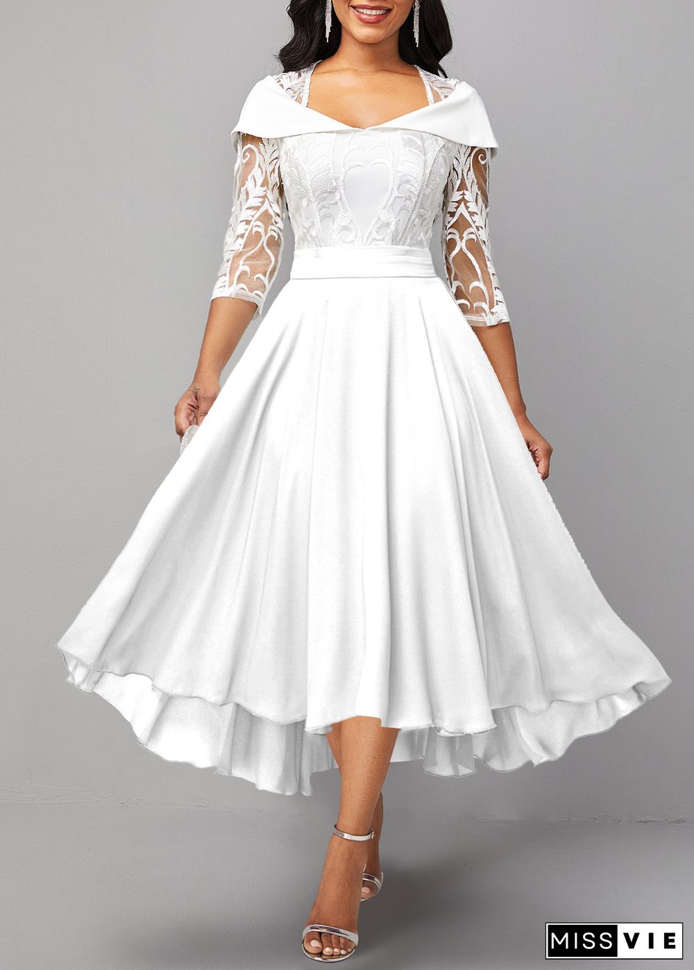 Lace Patchwork X Shape White Midi Dress