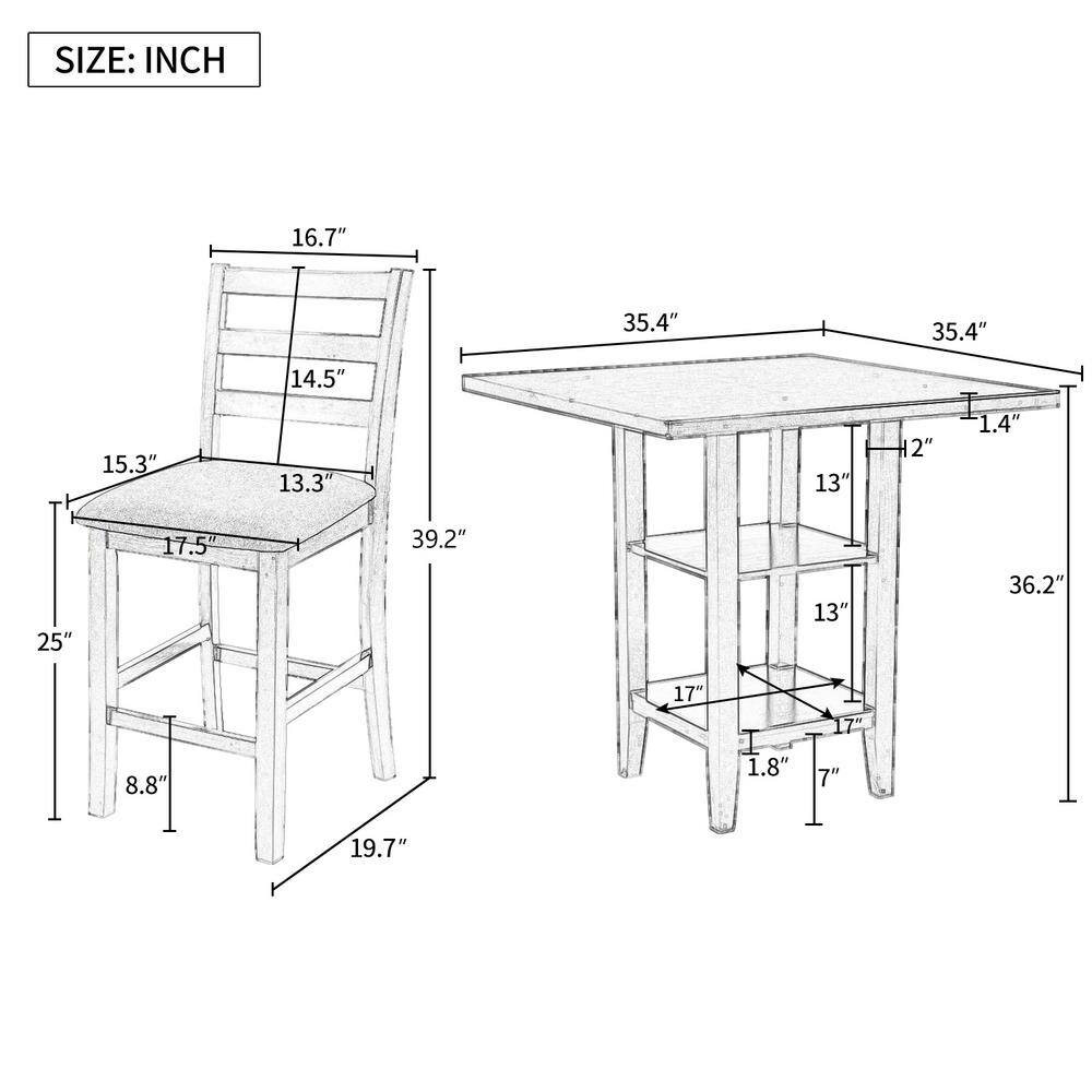 ANBAZAR 5-Piece Espresso Wood Counter Height Dining Table Set 4-Seats Square Table Set with 4 Padded Chairs and 2-Tier Shelves 01668ANNA-P