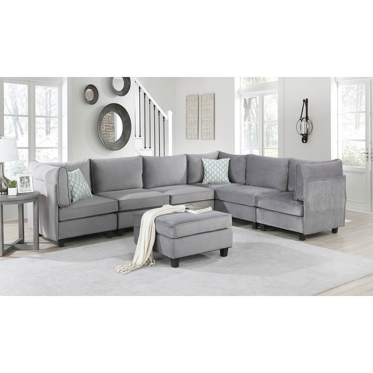 Modern 7Pc Modular Velvet Sectional Sofa with 2 Fabric Upholstery Corner Chairs and 1 Ottomans and 3 Armless Chairs