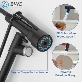 BWE Single Handle Deck Mount Pull Down Sprayer Kitchen Faucet with LED Light and Deck Plate in Matte Black A-9L4016-Black