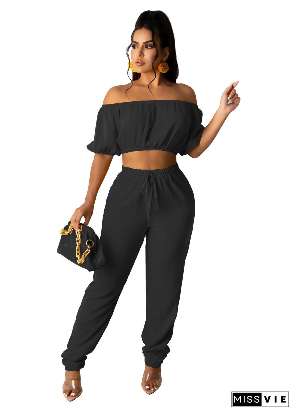 Sexy Solid Color High Elastic Off Shoulder Short Sleeve Crop Top Drawstring Long Pants Women 2 Piece Set