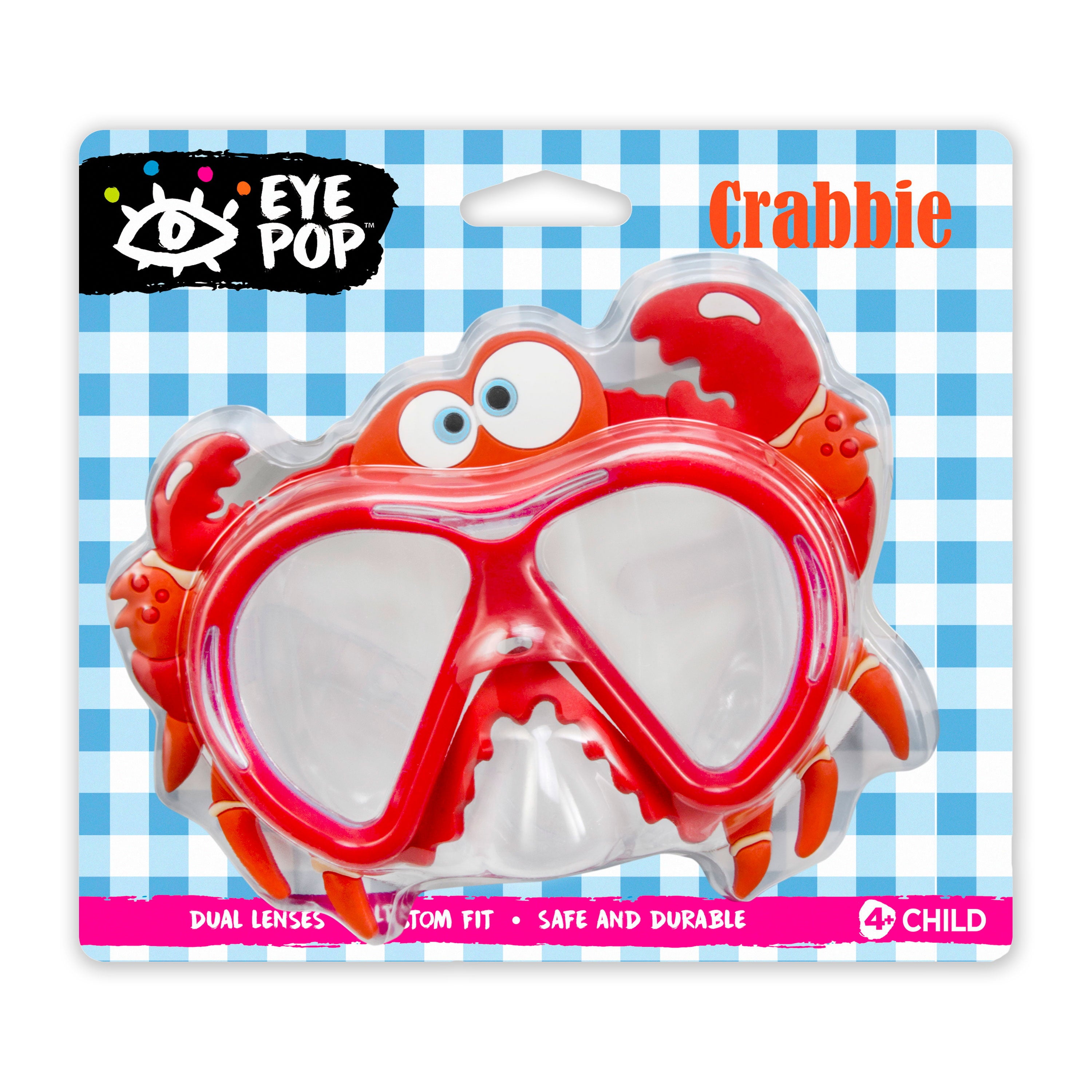 Eye Pop Red and Clear Swimming Sport Goggles For Kids, Ages 4 Years and Up, Crab Character