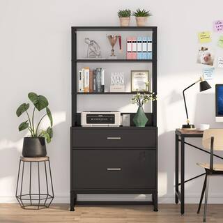 TRIBESIGNS WAY TO ORIGIN Calvin Black Lateral Particle Board File Cabinet Printer Stand with 4 Shelves and 2 Drawers HD-C0273