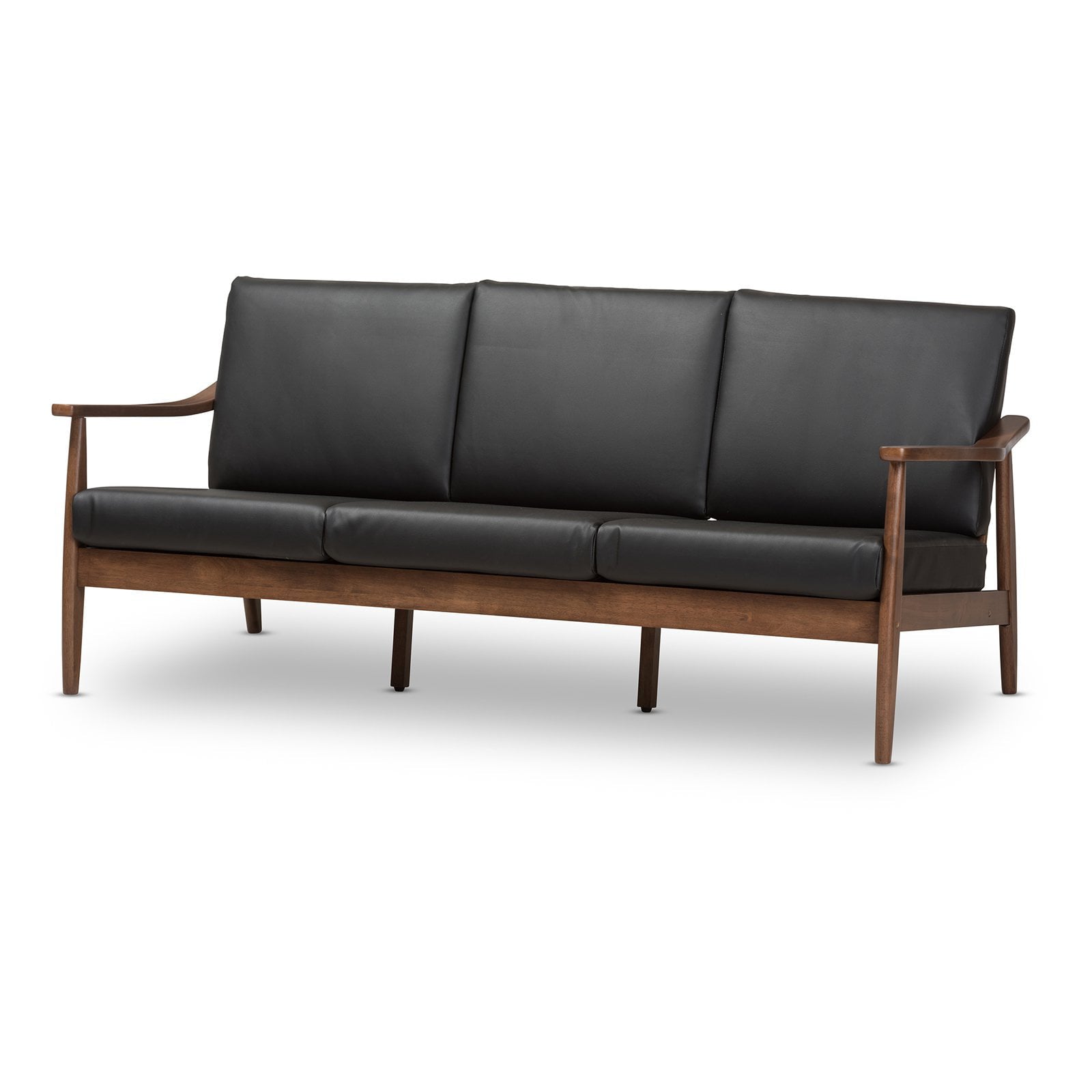 Baxton Studio Venza Walnut Wood Black Faux Leather 3 Seater Sofa