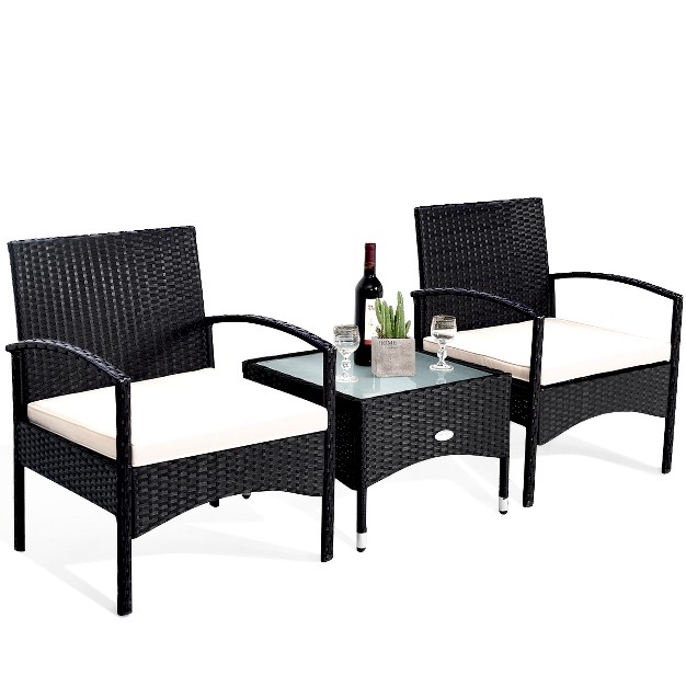 Costway 3 Pcs Furniture Set Table amp 2 Chair Patio Wicker Rattan W cushion