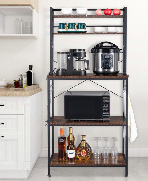 5-Tier Kitchen Bakers Rack with 10 S-Shaped Hooks， Industrial Microwave Oven Stand