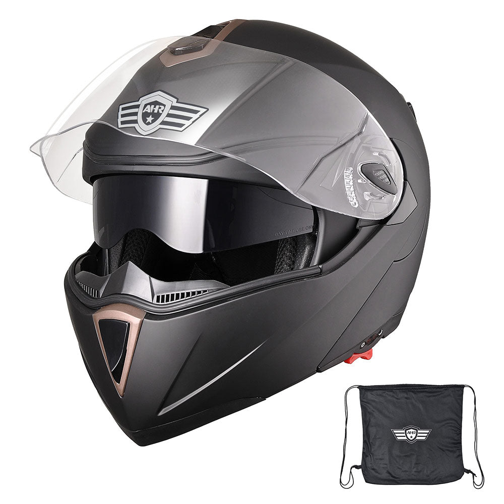 AHR DOT Flip Up Motorcycle Helmet Full Face Dual Visors Matte Black