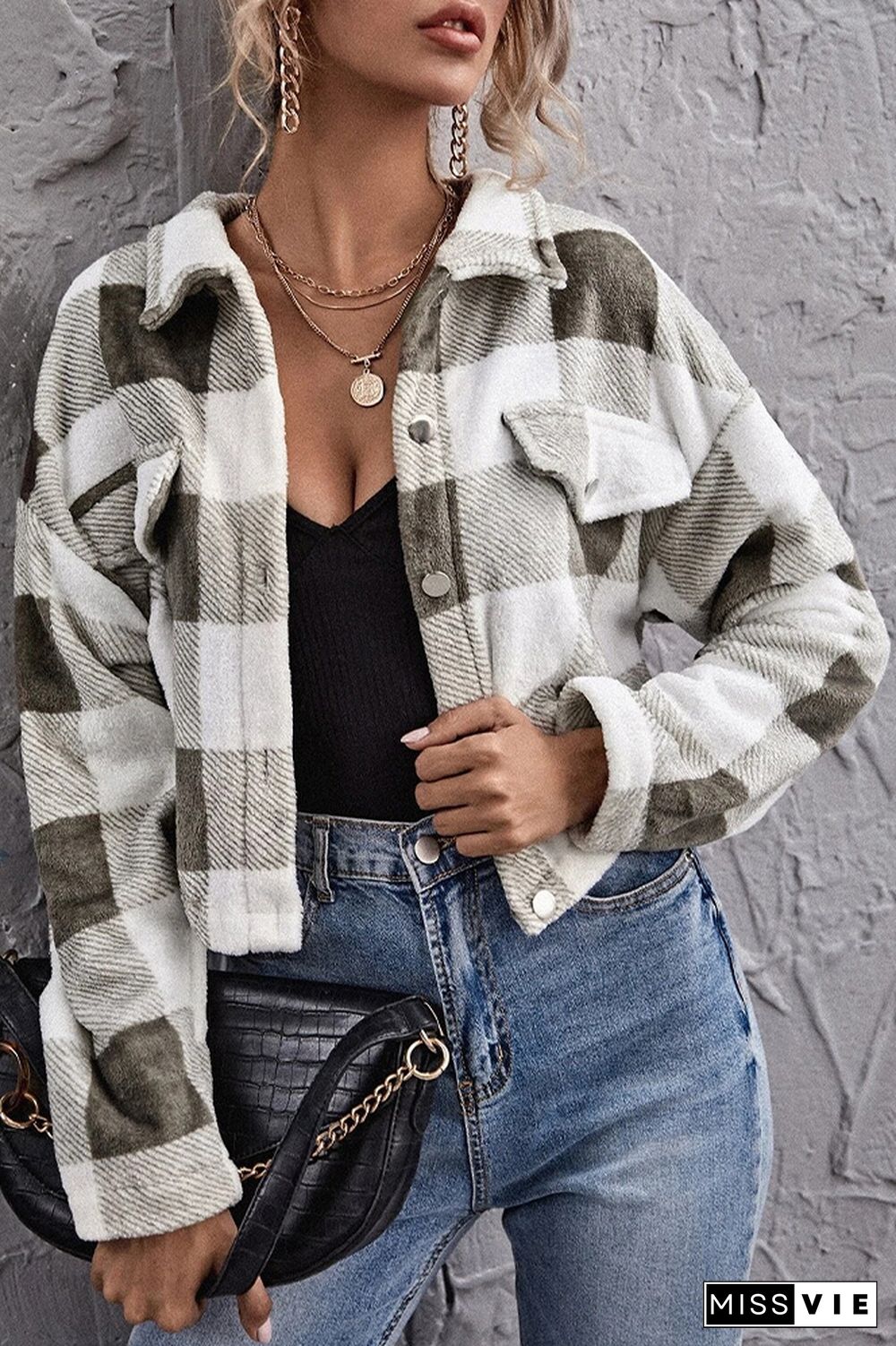 Plaid Print Plush Short Jacket Coat Wholesale