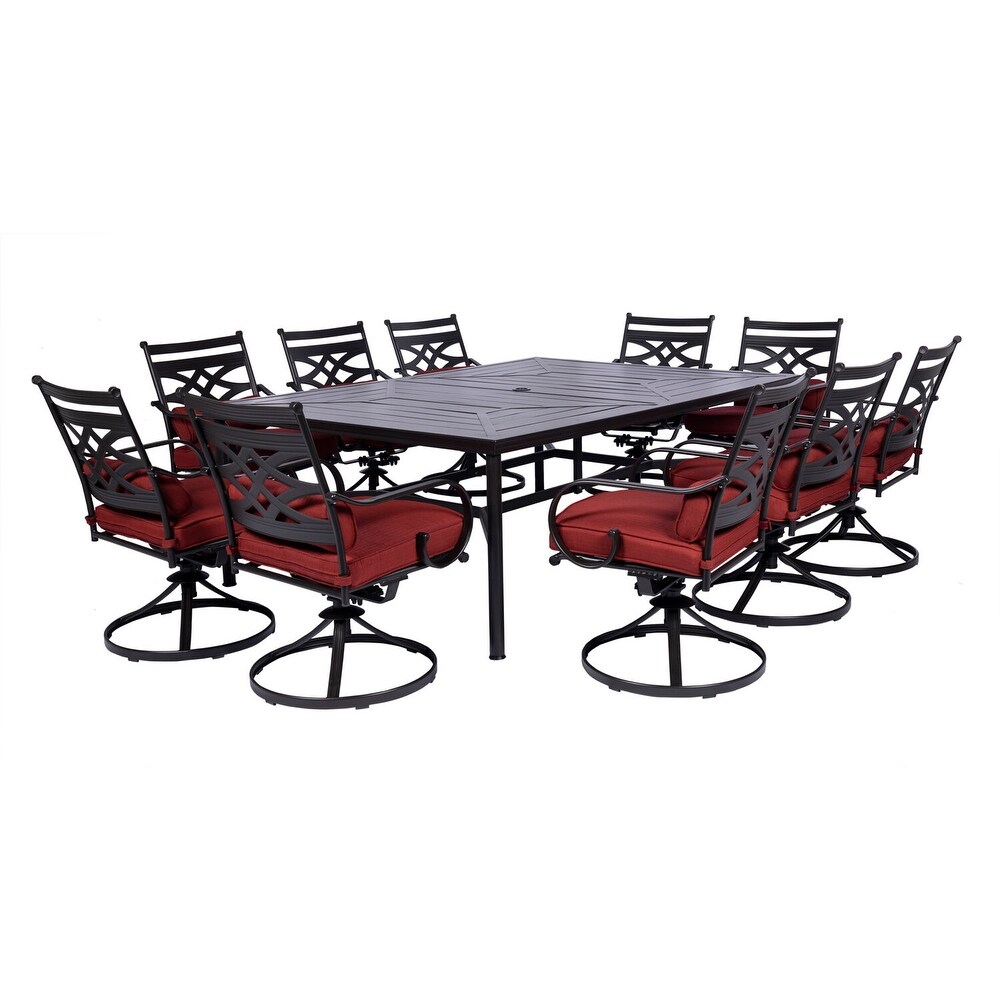 Hanover Montclair 11 Piece Dining Set in Chili Red with 10 Swivel Rockers and a 60 In. x 84 In. Table