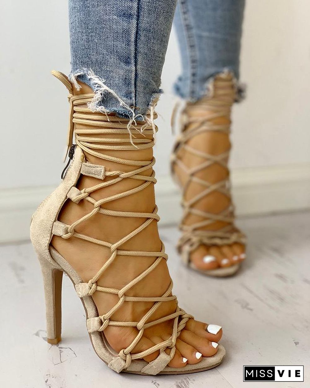 Hollow Out Lace Up Thin Heels Sandals