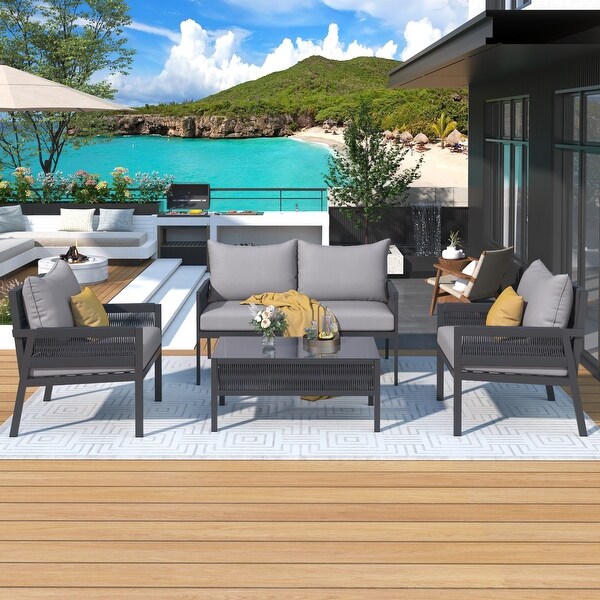 4Pieces Rope Outdoor Furniture Set with Glass Table