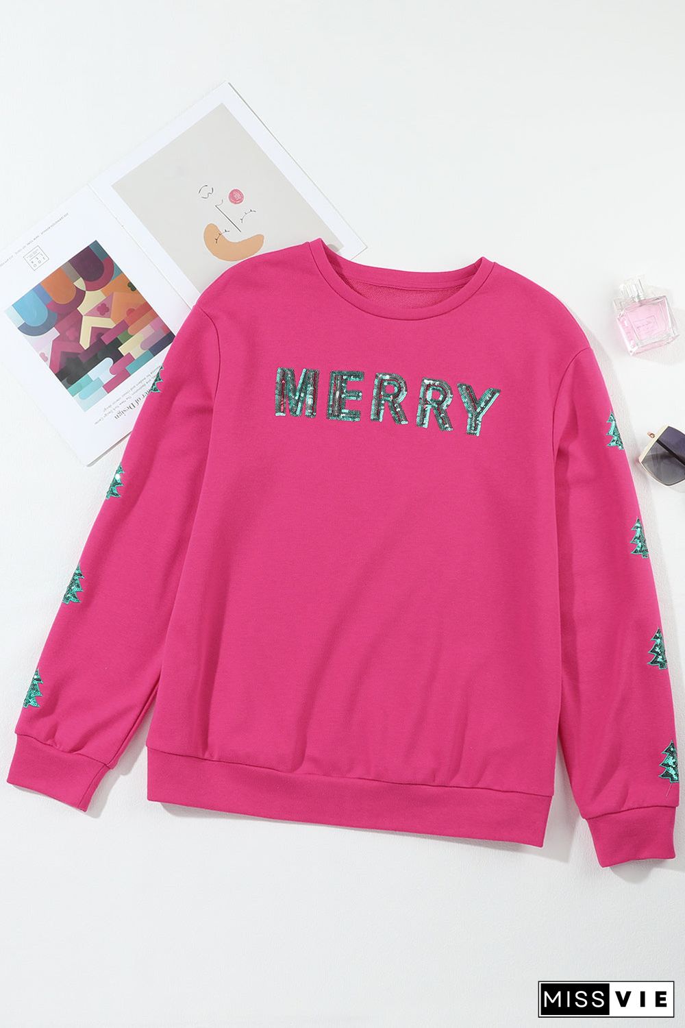 Strawberry Pink MERRY Christmas Tree Sequin Patchwork Sweatshirt